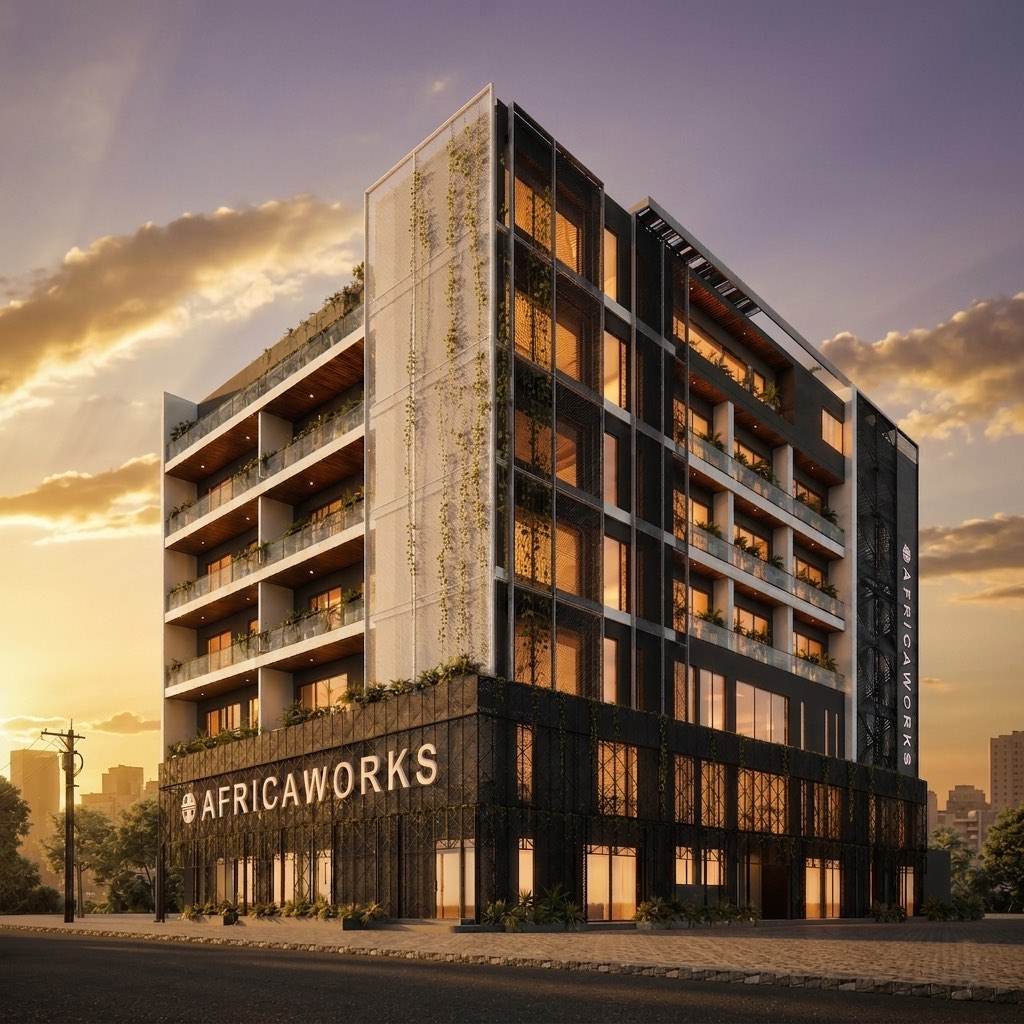 Main facade at sunset, render